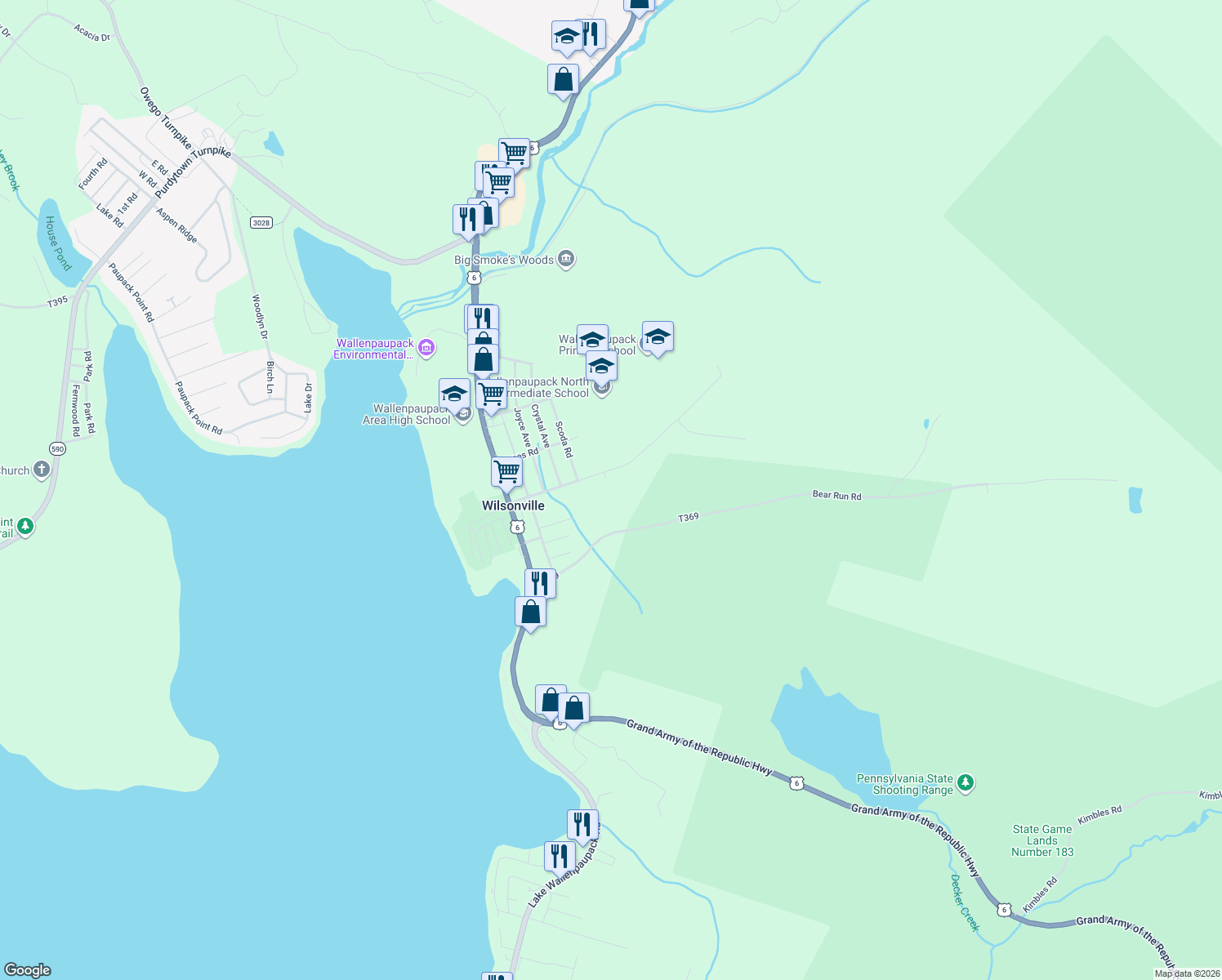 map of restaurants, bars, coffee shops, grocery stores, and more near 127 Wilsonville Road in Hawley
