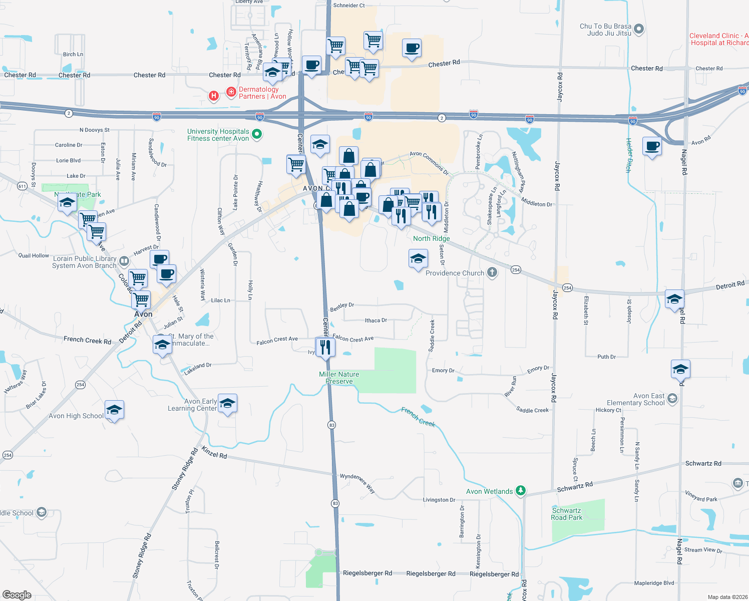 map of restaurants, bars, coffee shops, grocery stores, and more near 35970 Bentley Drive in Avon