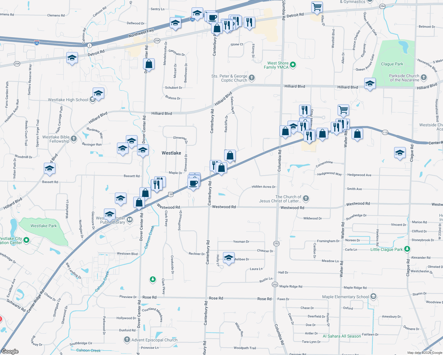 map of restaurants, bars, coffee shops, grocery stores, and more near 26185 Center Ridge Road in Westlake