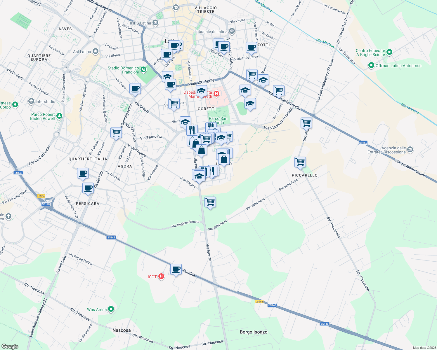 map of restaurants, bars, coffee shops, grocery stores, and more near 41-51 Via Don Luigi Sturzo in Latina