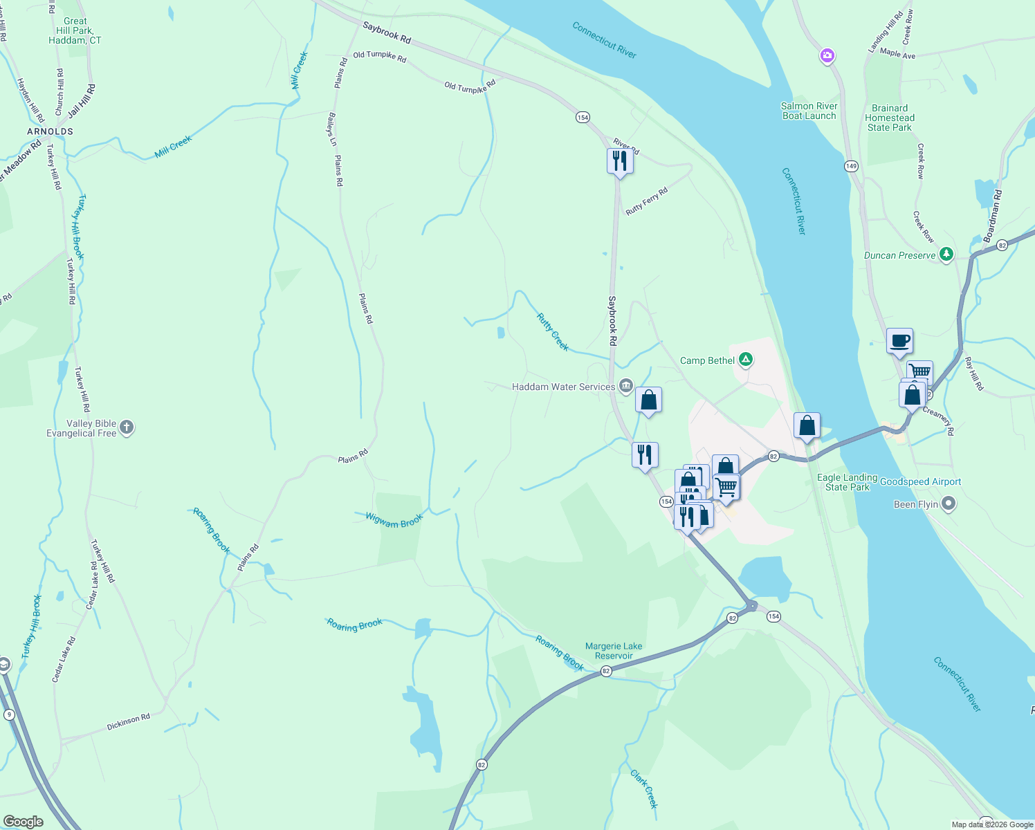 map of restaurants, bars, coffee shops, grocery stores, and more near 232 Old Cart Road in Haddam