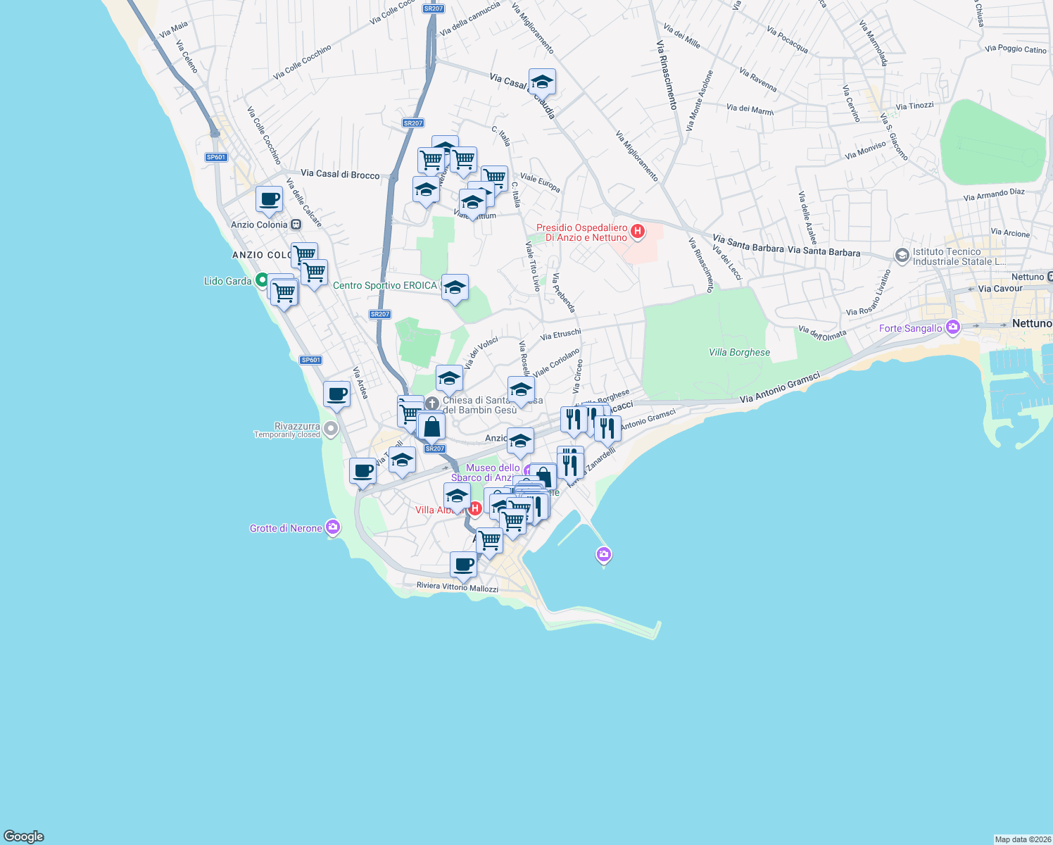 map of restaurants, bars, coffee shops, grocery stores, and more near 9B Via degli Oleandri in Anzio