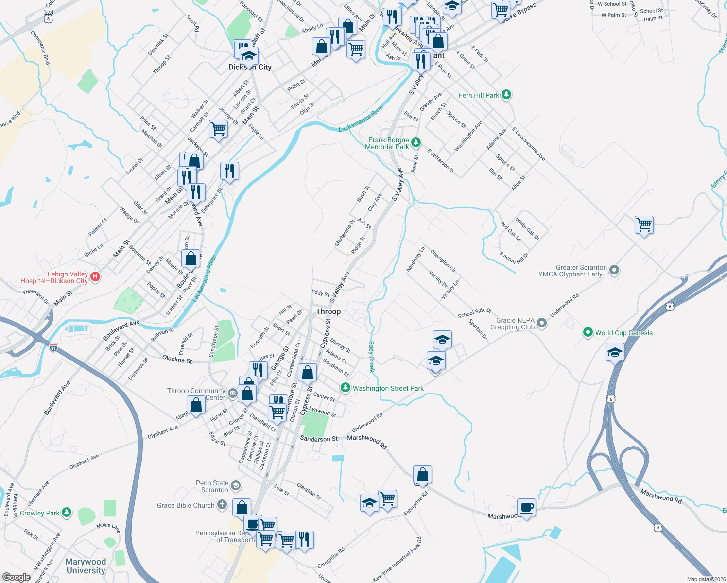 map of restaurants, bars, coffee shops, grocery stores, and more near 8 Marion Cir in Olyphant