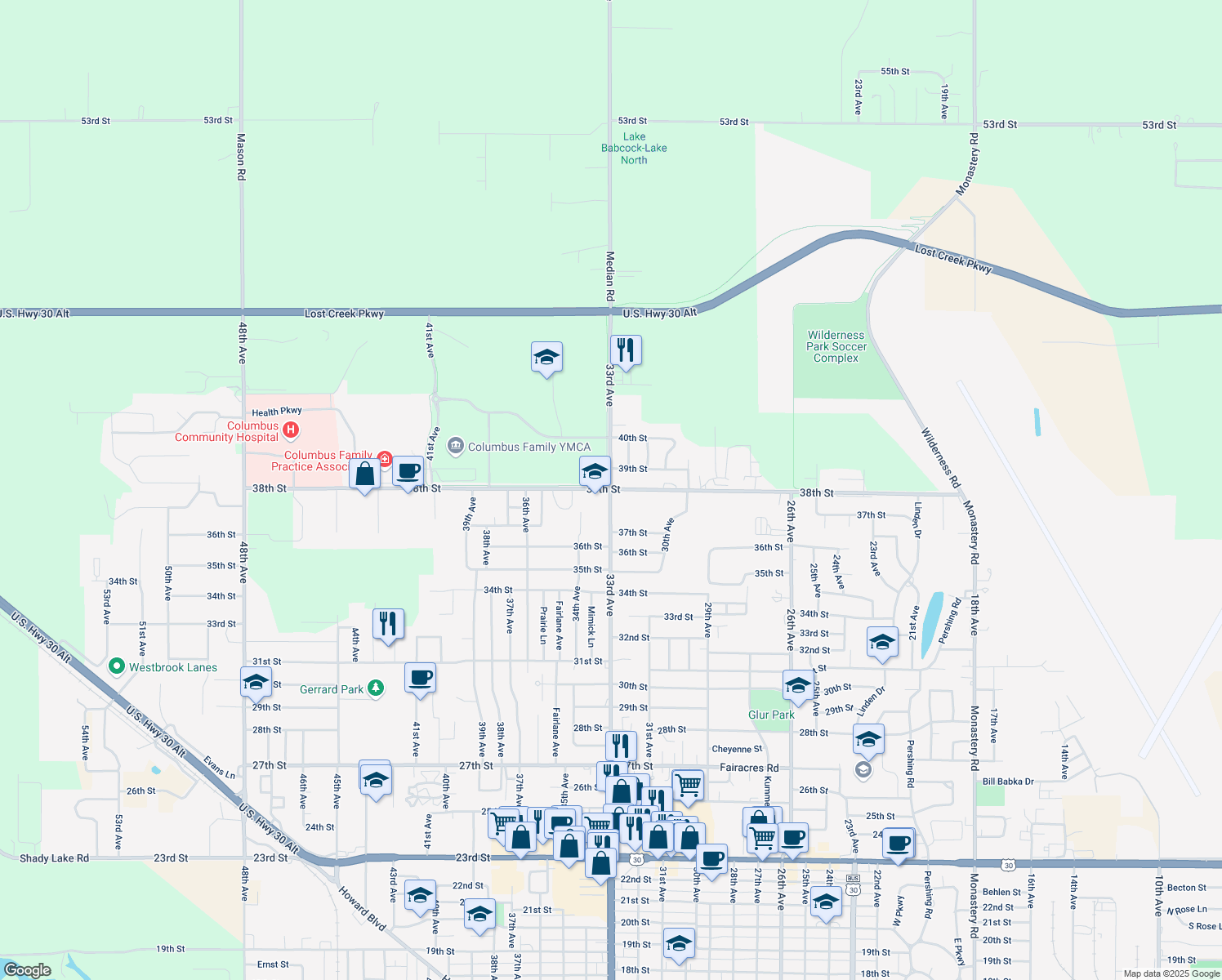 map of restaurants, bars, coffee shops, grocery stores, and more near 3799 33rd Avenue in Columbus