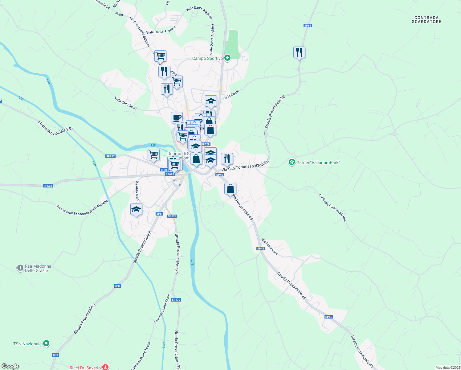 map of restaurants, bars, coffee shops, grocery stores, and more near 16 Strada Provinciale 45 in Pontecorvo
