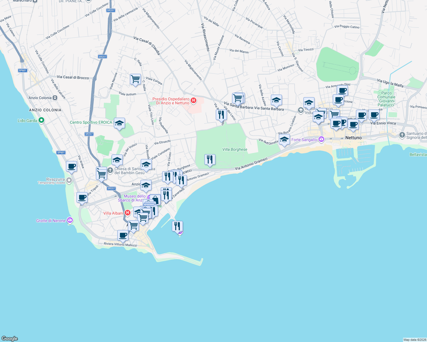 map of restaurants, bars, coffee shops, grocery stores, and more near 57 Via dei Pini in Nettuno