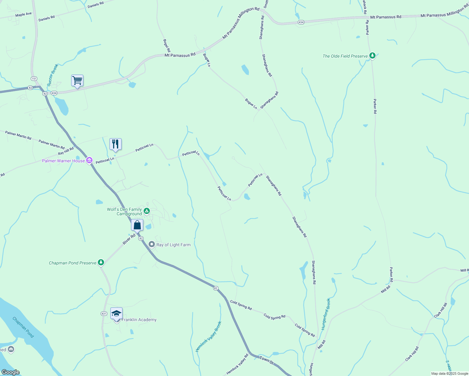 map of restaurants, bars, coffee shops, grocery stores, and more near 143 Petticoat Lane in East Haddam