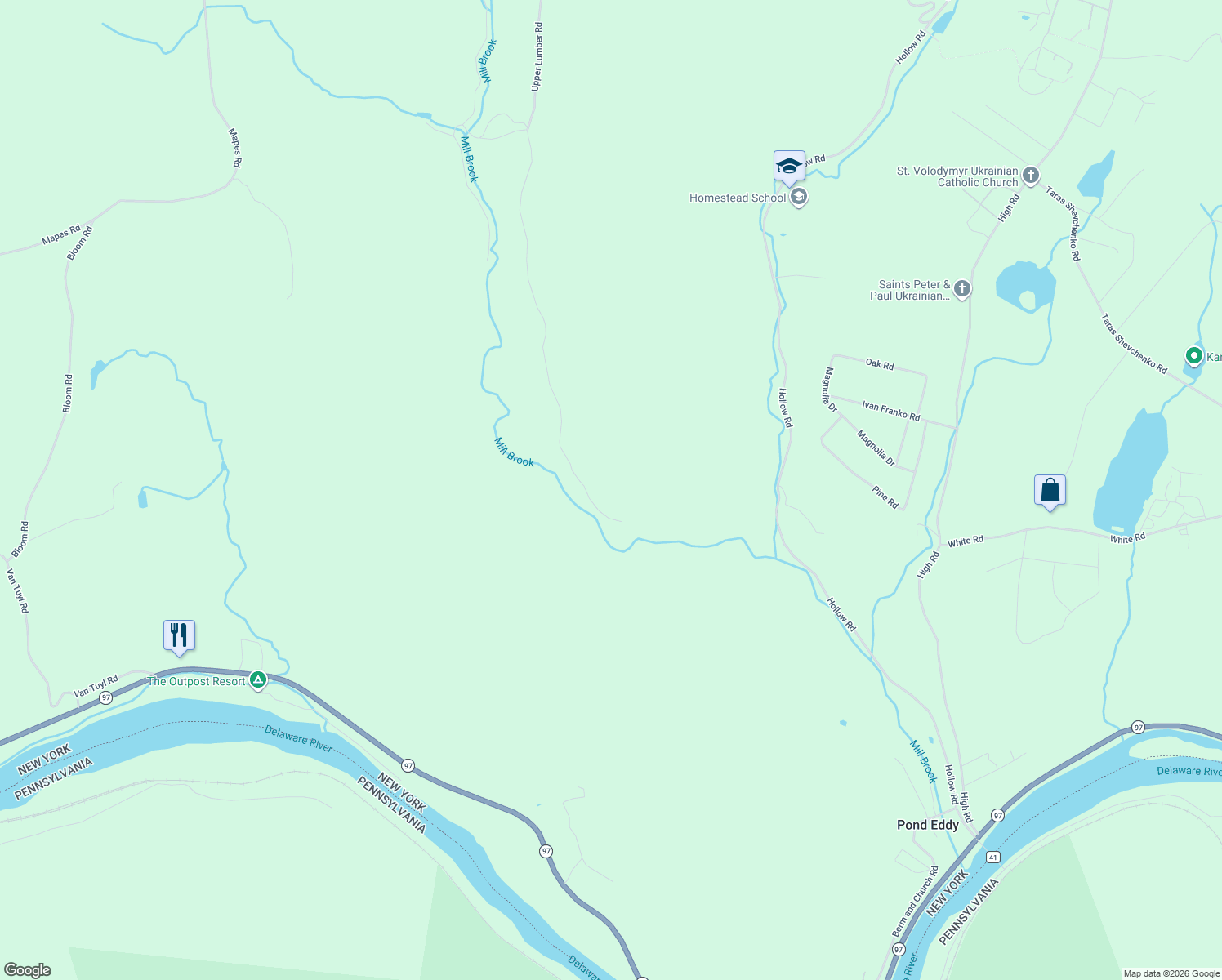 map of restaurants, bars, coffee shops, grocery stores, and more near 285 Upper Lumber Road in Glen Spey