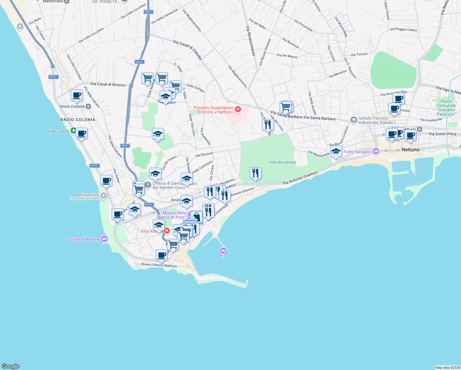 map of restaurants, bars, coffee shops, grocery stores, and more near 12 Via di Villa Borghese in Anzio