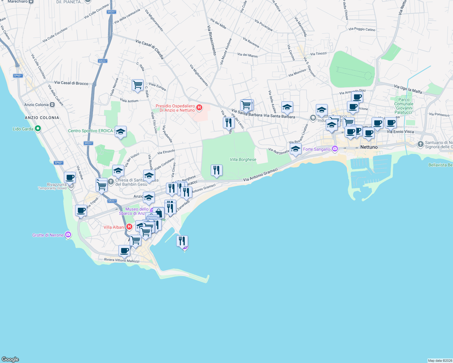 map of restaurants, bars, coffee shops, grocery stores, and more near 57 Via dei Pini in Nettuno