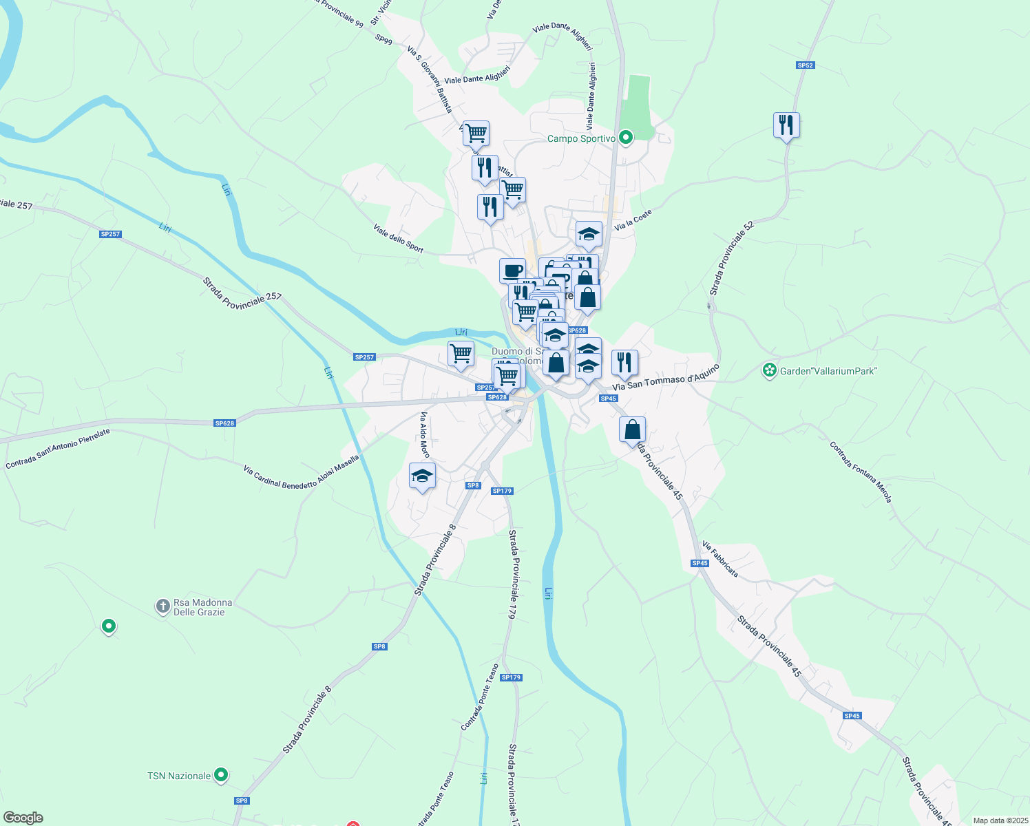 map of restaurants, bars, coffee shops, grocery stores, and more near 108 Strada Provinciale Leuciana in Pontecorvo