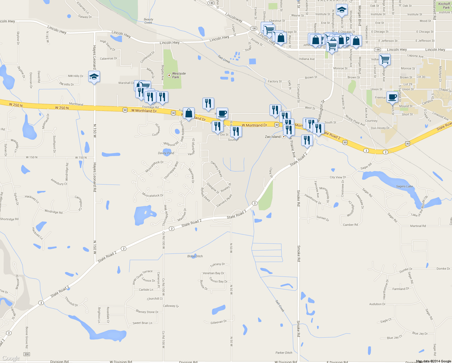 map of restaurants, bars, coffee shops, grocery stores, and more near 1579 Danvers Parkway in Valparaiso