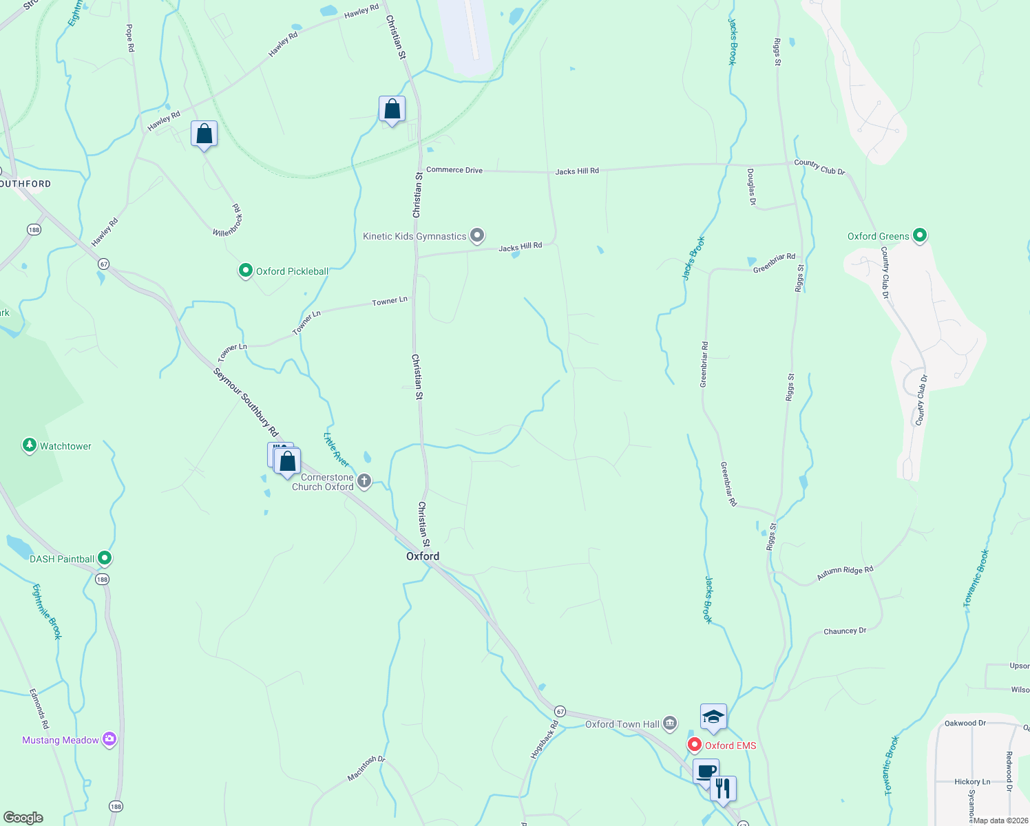 map of restaurants, bars, coffee shops, grocery stores, and more near 10 Country Farm Road in Oxford