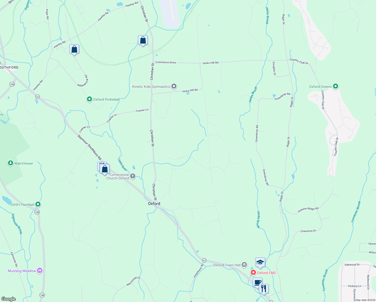 map of restaurants, bars, coffee shops, grocery stores, and more near 10 Country Farm Road in Oxford