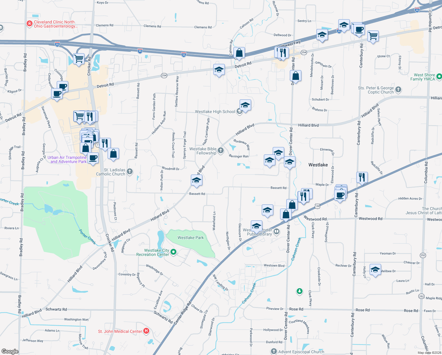 map of restaurants, bars, coffee shops, grocery stores, and more near 2349 Brigadoon Court in Westlake