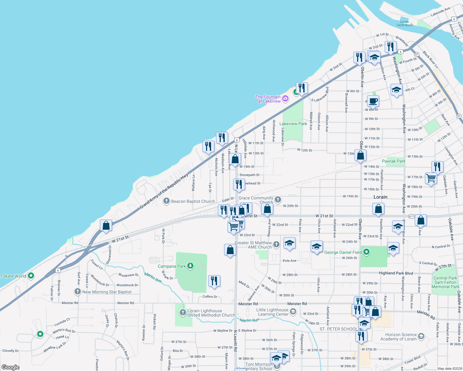 map of restaurants, bars, coffee shops, grocery stores, and more near 1721 Lakeview Ave in Lorain