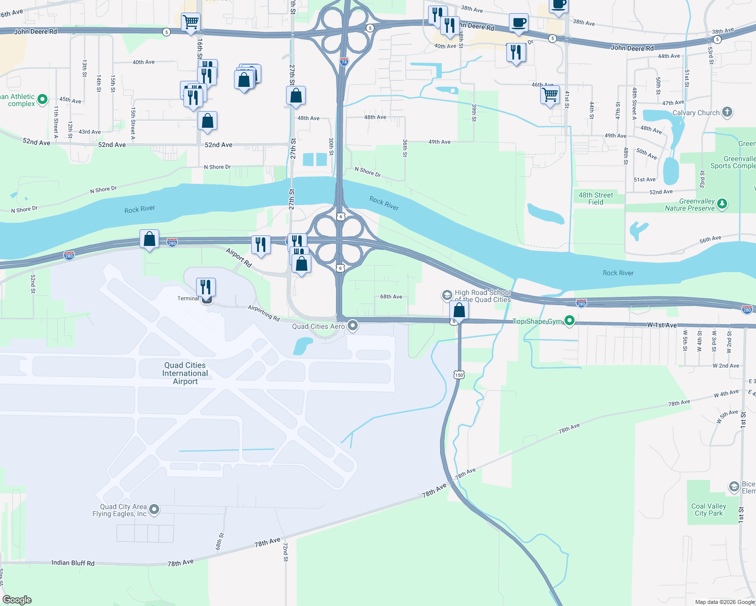 map of restaurants, bars, coffee shops, grocery stores, and more near 6802 33rd Street in Moline