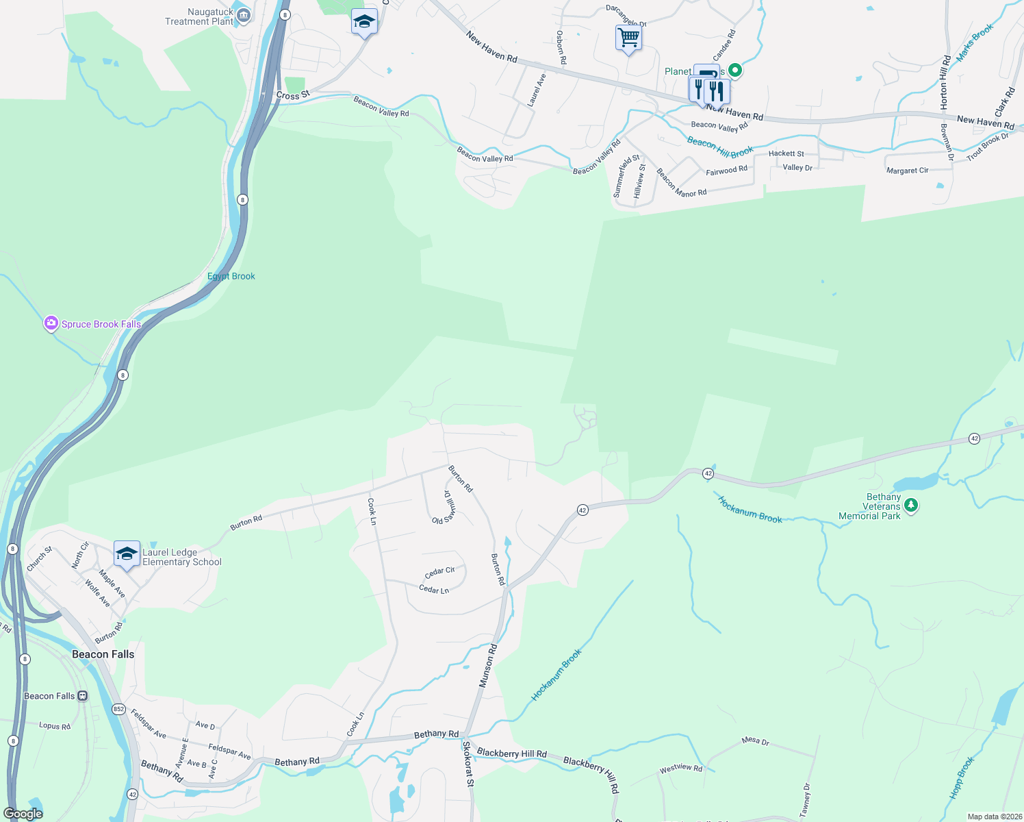 map of restaurants, bars, coffee shops, grocery stores, and more near 116 Rice Lane Extension in Beacon Falls