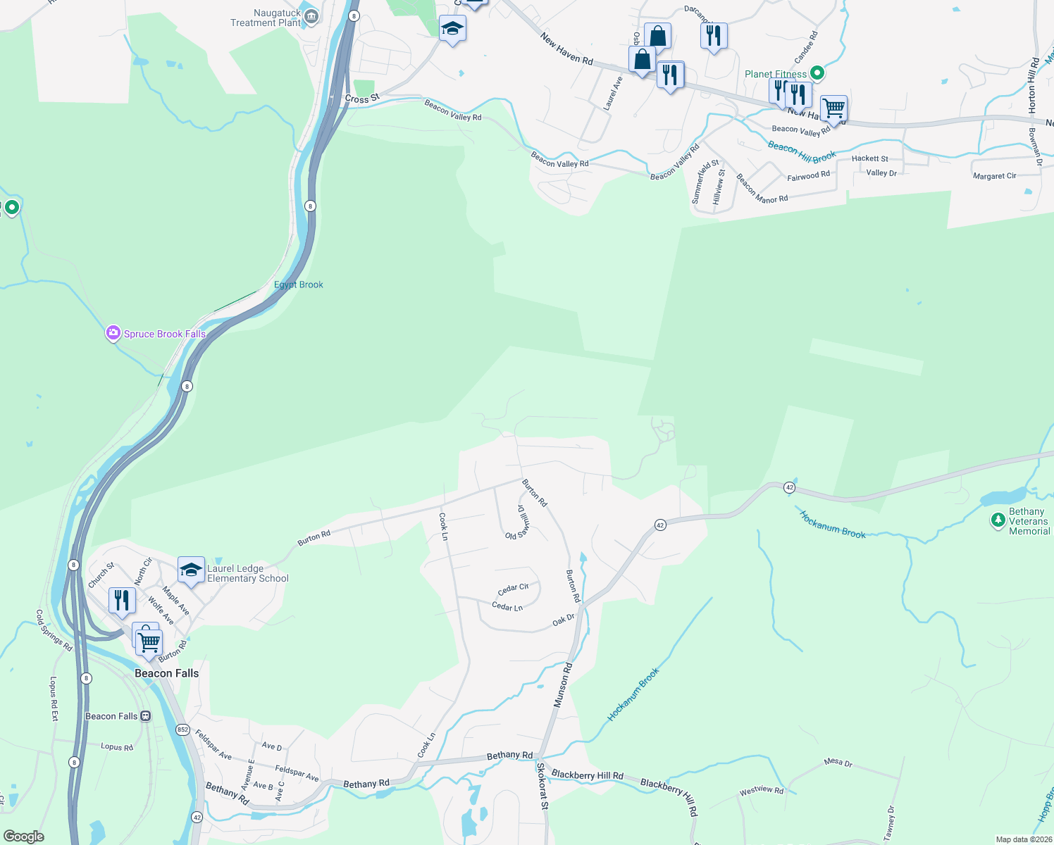 map of restaurants, bars, coffee shops, grocery stores, and more near 104 Rice Lane Extension in Beacon Falls