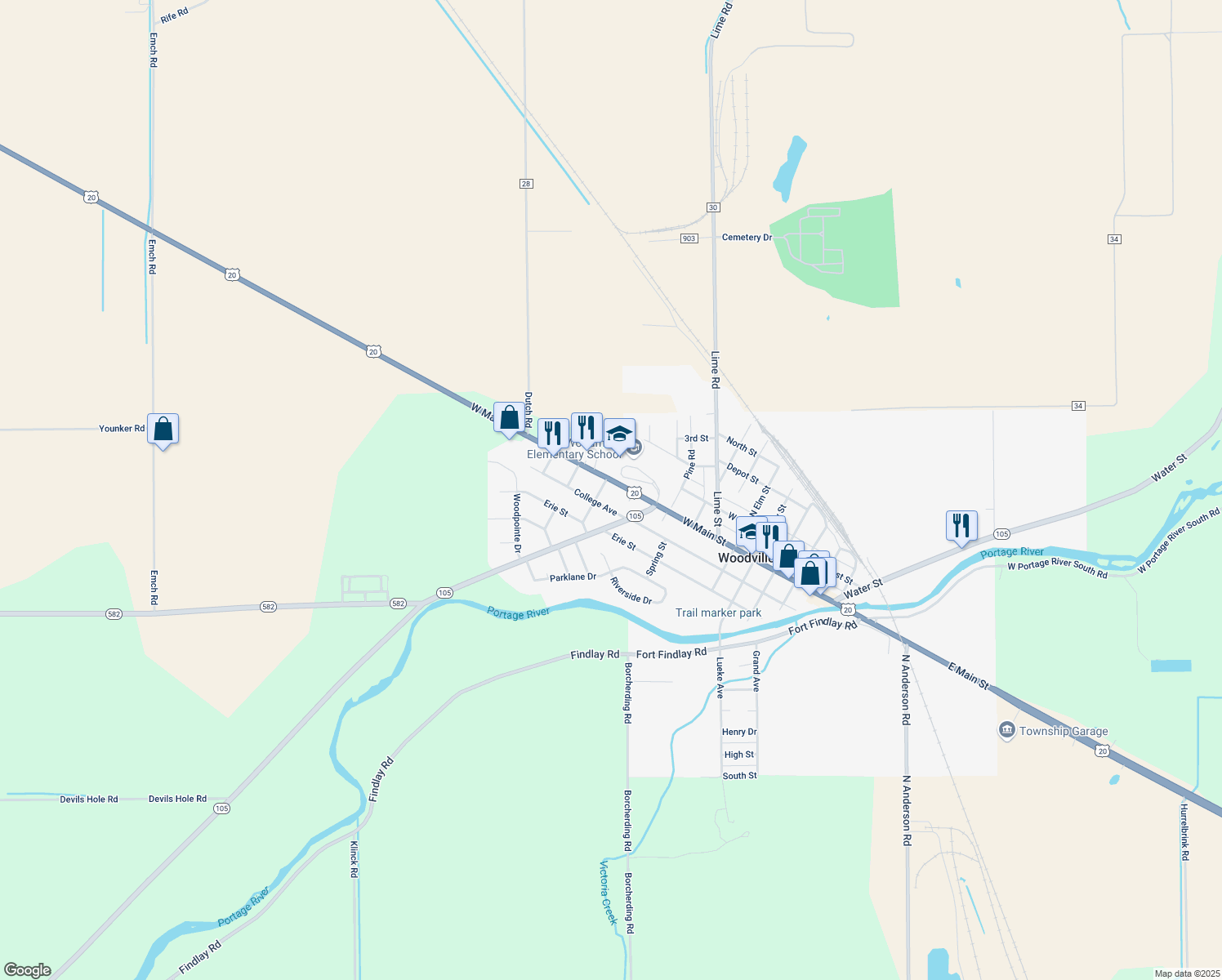 map of restaurants, bars, coffee shops, grocery stores, and more near 835 W Main St in Woodville