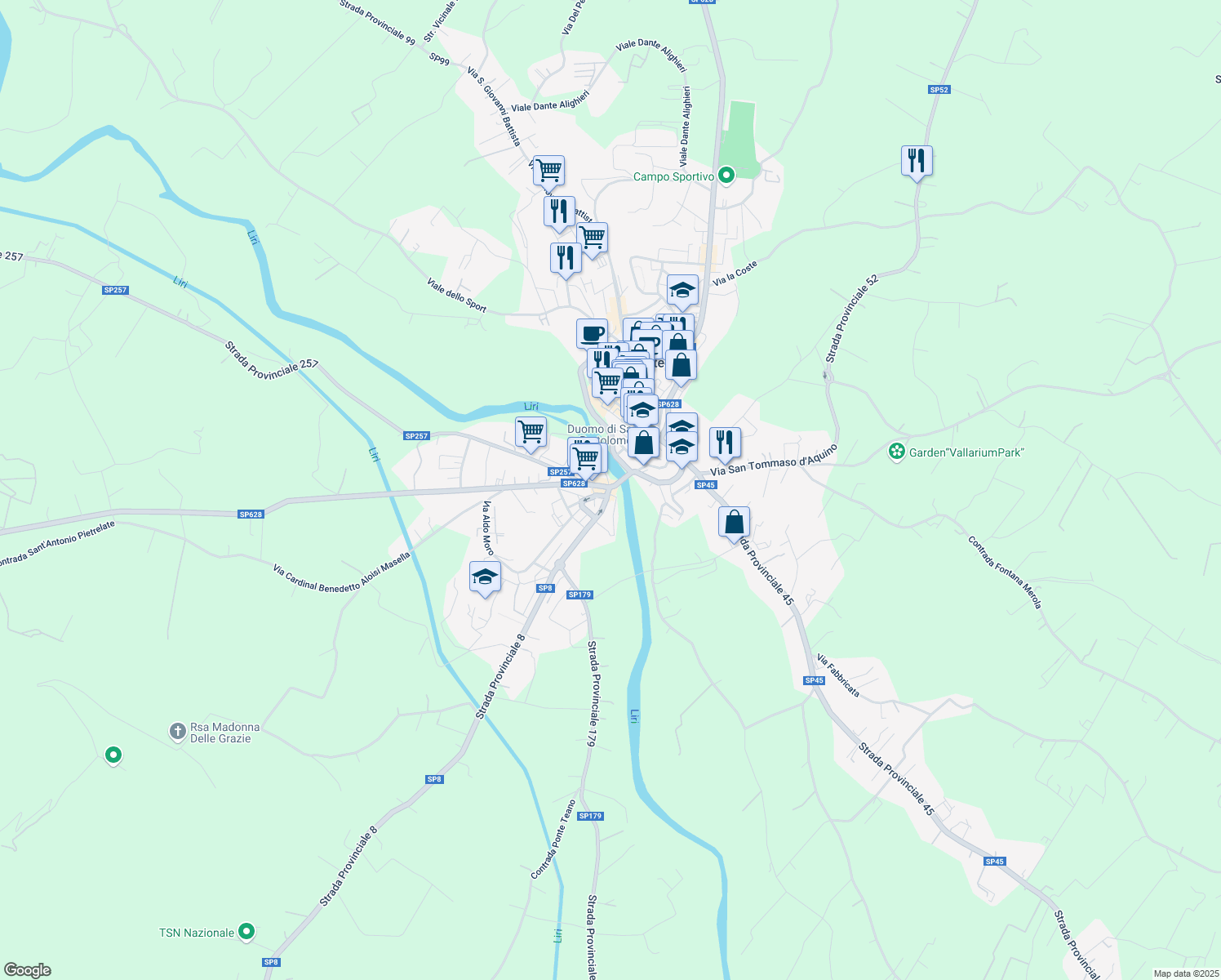 map of restaurants, bars, coffee shops, grocery stores, and more near 108 Strada Provinciale Leuciana in Pontecorvo