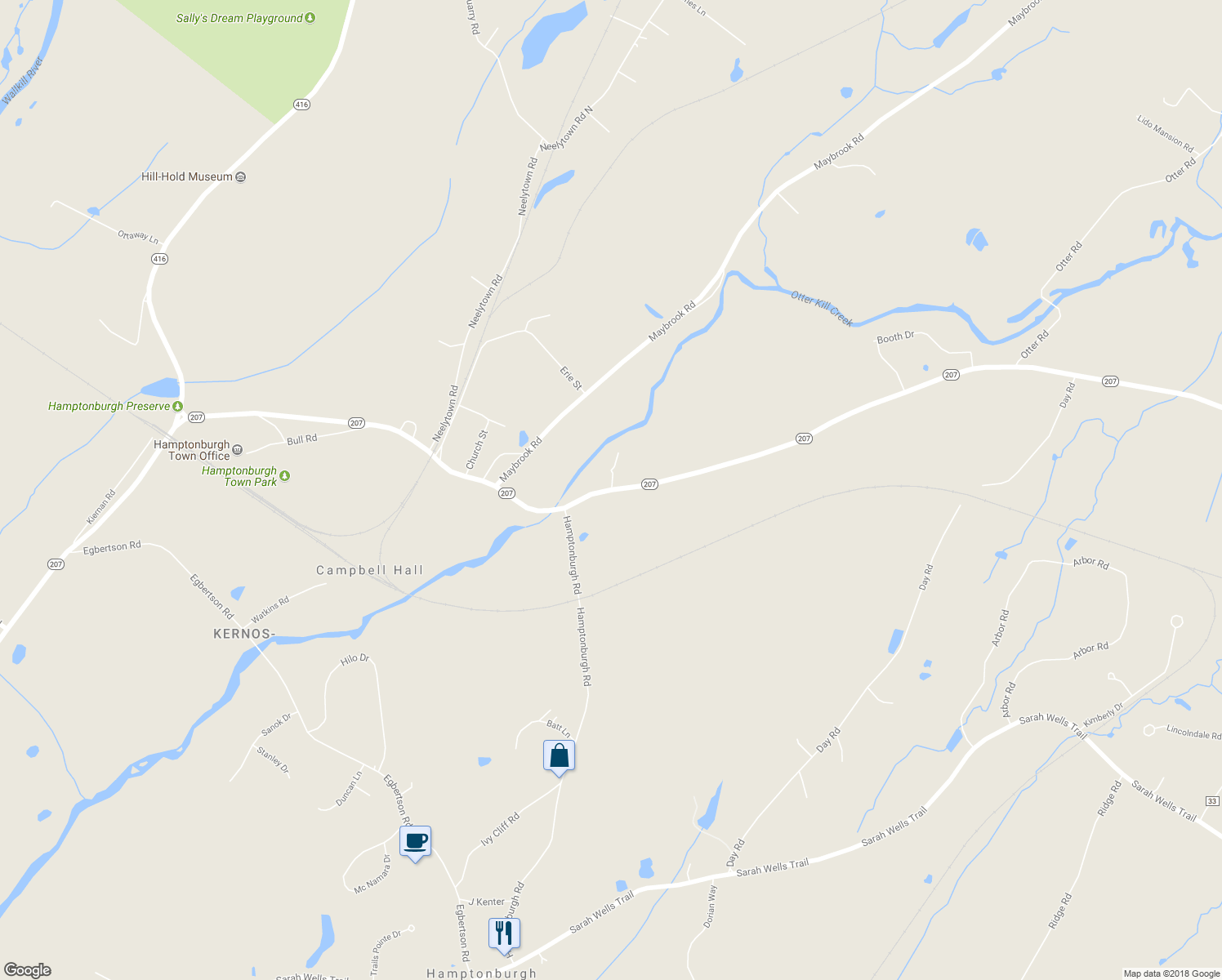 map of restaurants, bars, coffee shops, grocery stores, and more near 2745 New York 207 in Campbell Hall