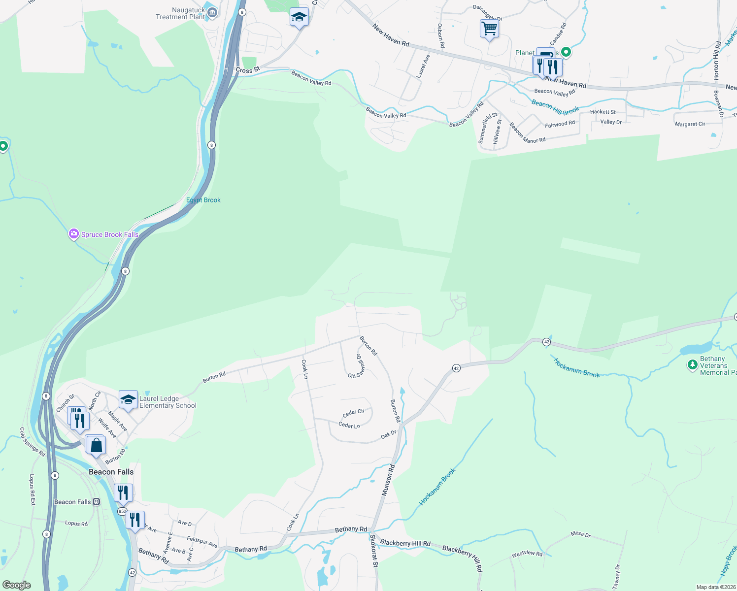 map of restaurants, bars, coffee shops, grocery stores, and more near 104 Rice Lane Extension in Beacon Falls
