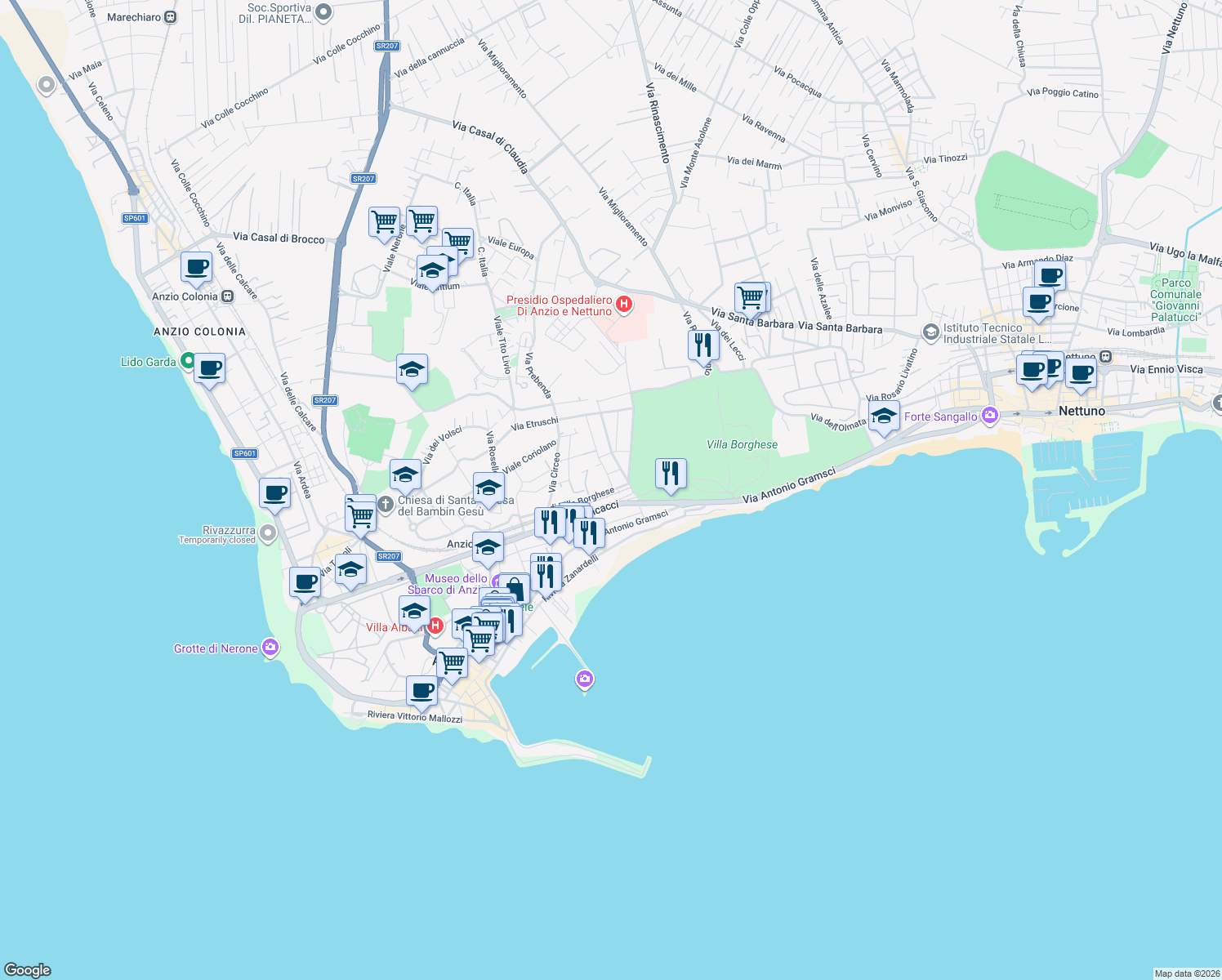map of restaurants, bars, coffee shops, grocery stores, and more near 12 Via di Villa Borghese in Anzio