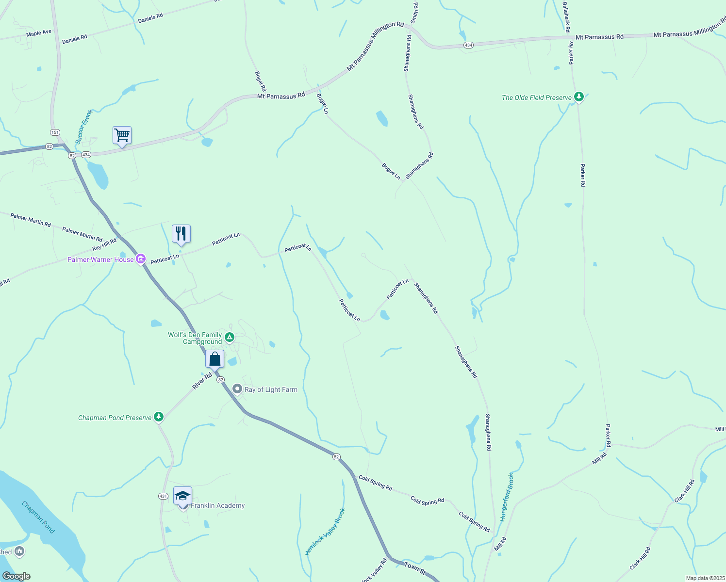 map of restaurants, bars, coffee shops, grocery stores, and more near 143 Petticoat Lane in East Haddam