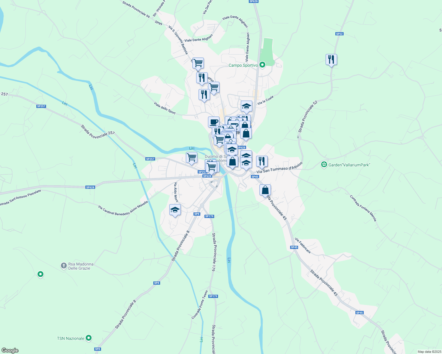 map of restaurants, bars, coffee shops, grocery stores, and more near 108 Strada Provinciale Leuciana in Pontecorvo