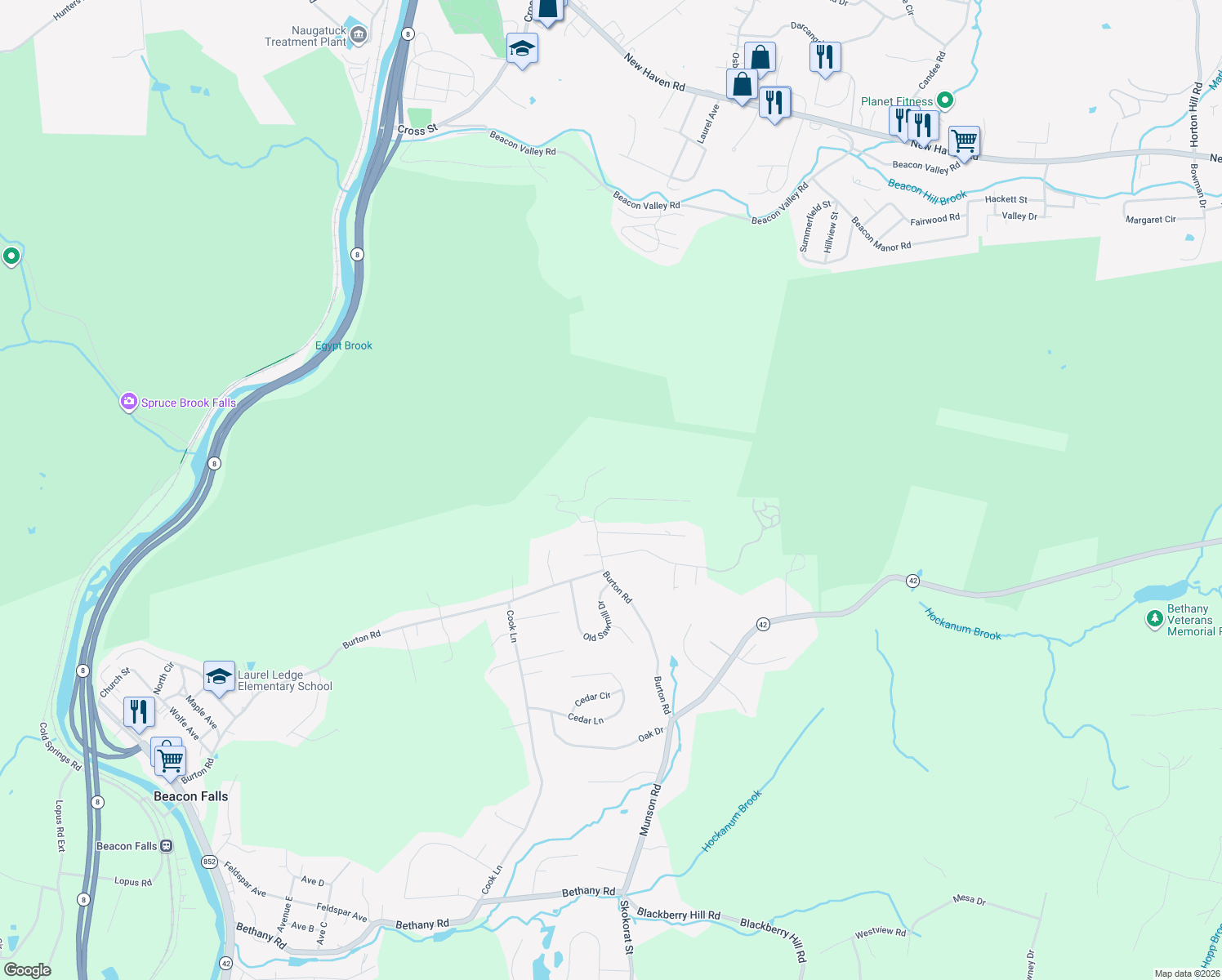 map of restaurants, bars, coffee shops, grocery stores, and more near 105 Rice Lane Extension in Beacon Falls