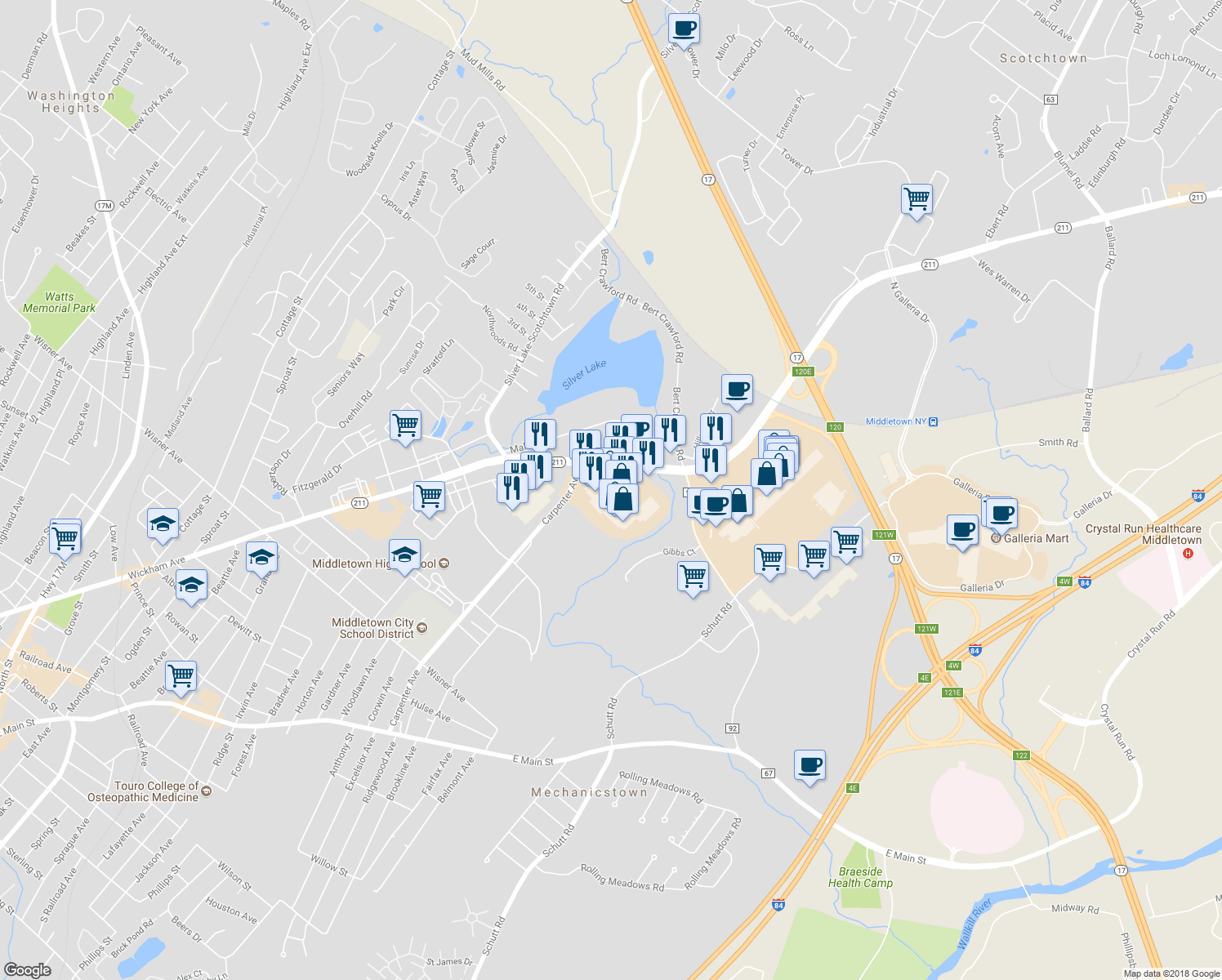 map of restaurants, bars, coffee shops, grocery stores, and more near 400 New York 211 in Middletown