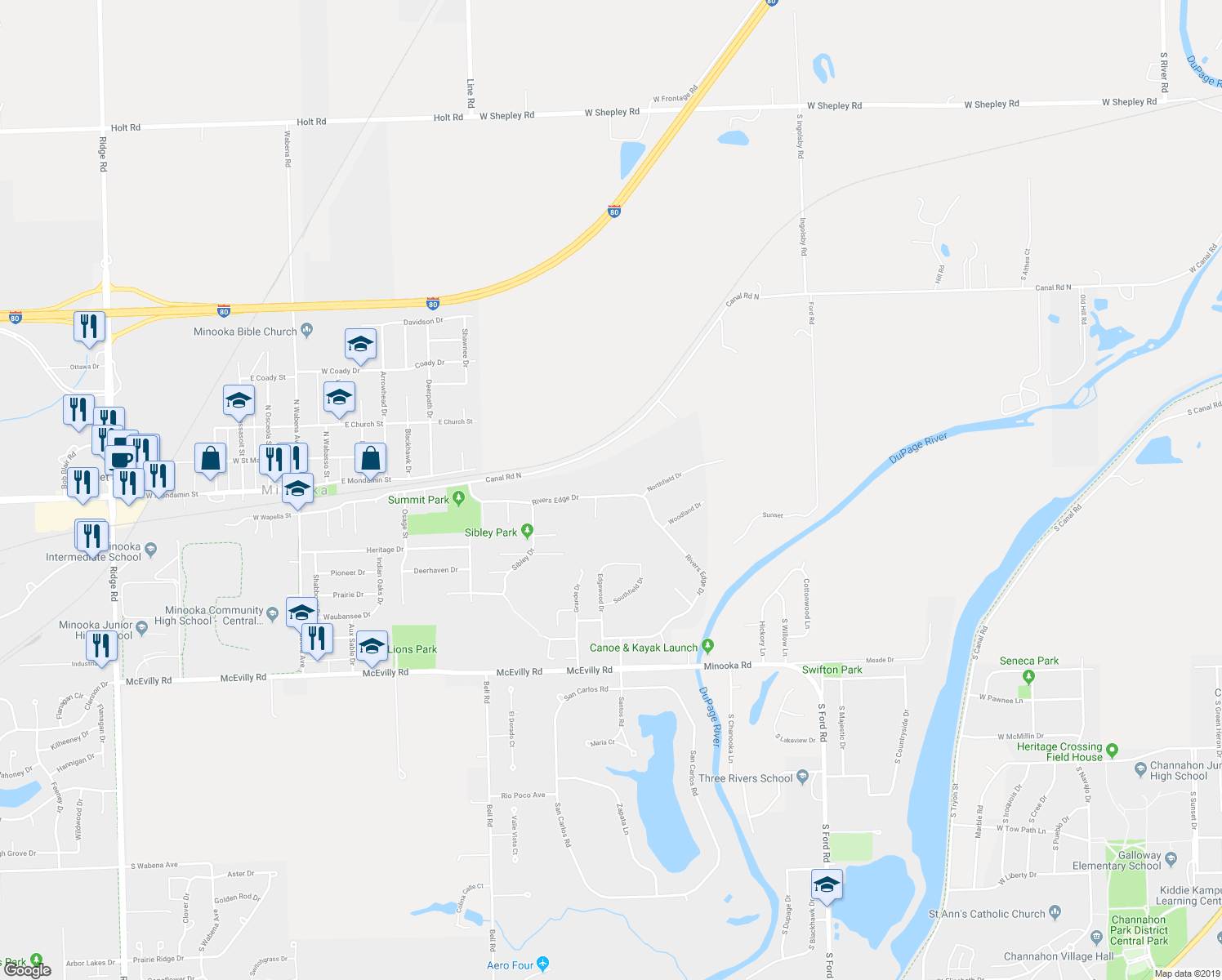 map of restaurants, bars, coffee shops, grocery stores, and more near 507 Rivers Edge Drive in Minooka