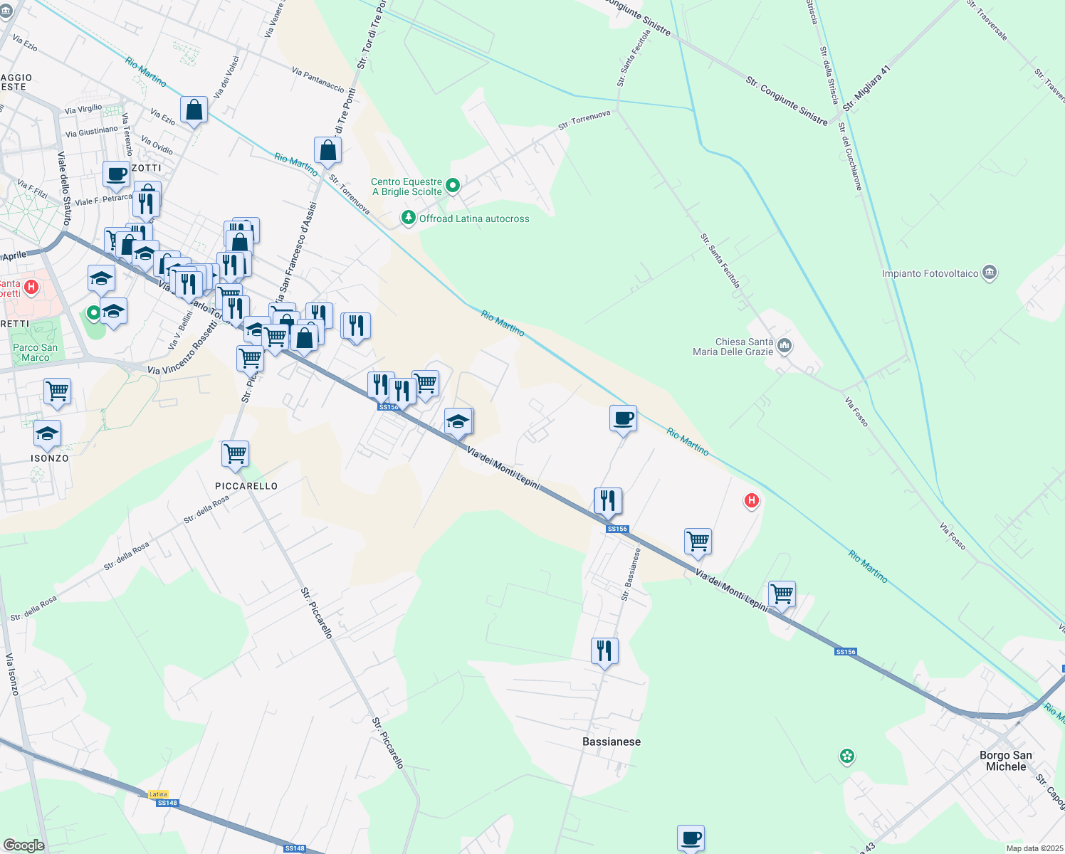 map of restaurants, bars, coffee shops, grocery stores, and more near Via Angelo Coletta in Provincia di Latina