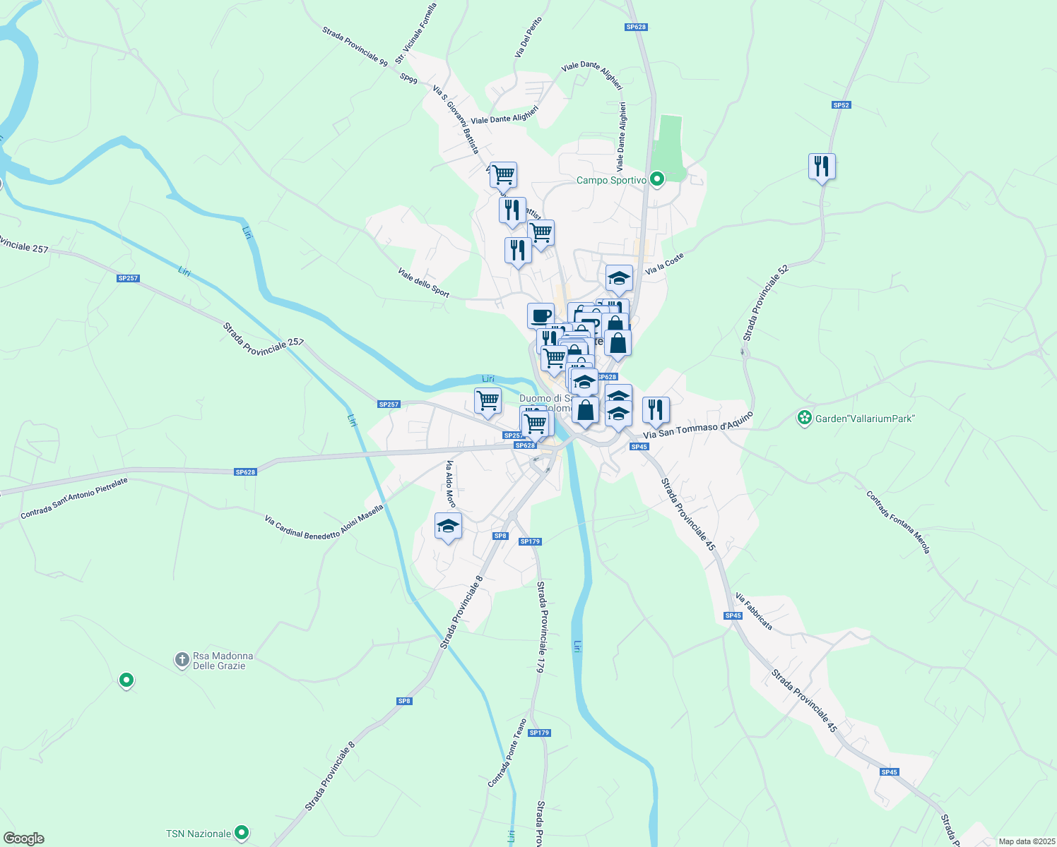 map of restaurants, bars, coffee shops, grocery stores, and more near 23 Via Arena in Pontecorvo