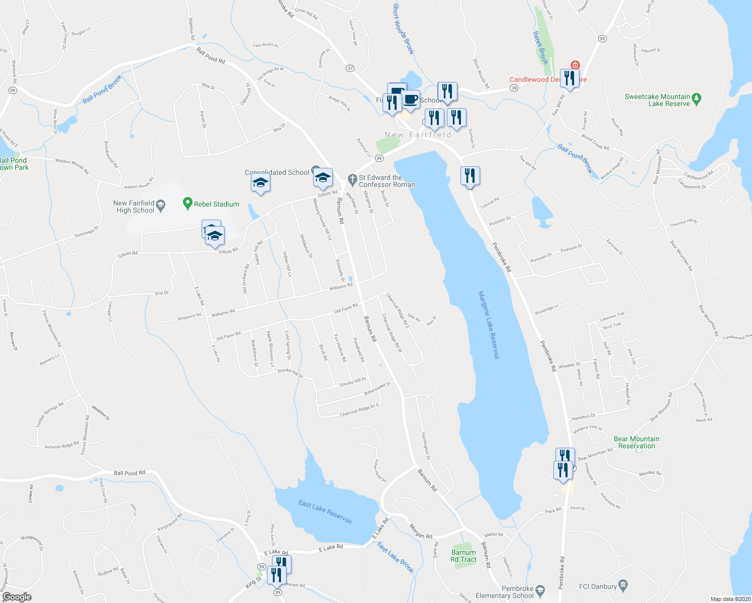 map of restaurants, bars, coffee shops, grocery stores, and more near 4 Charcoal Ridge Road East in New Fairfield