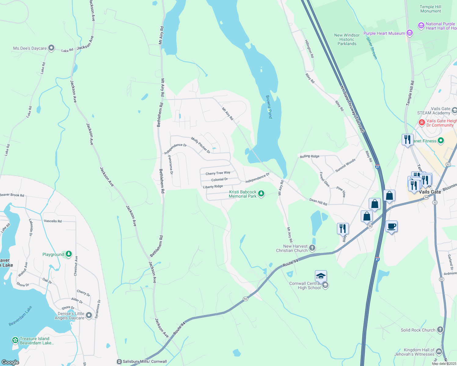 map of restaurants, bars, coffee shops, grocery stores, and more near 2610 Liberty Ridge in New Windsor