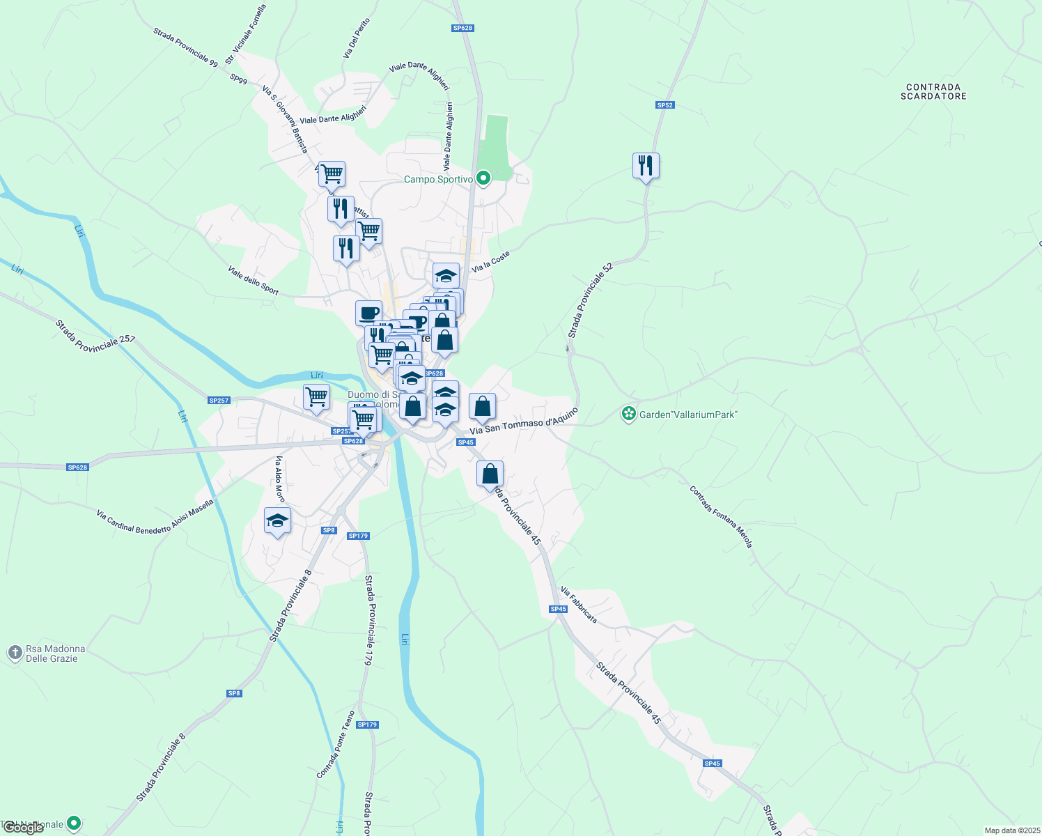 map of restaurants, bars, coffee shops, grocery stores, and more near 16 Strada Provinciale 45 in Pontecorvo