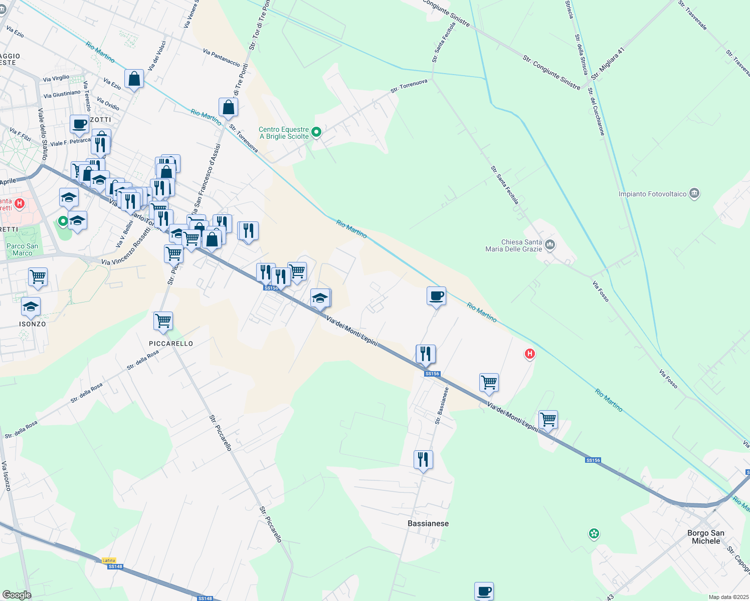 map of restaurants, bars, coffee shops, grocery stores, and more near Via A. Coletta in Provincia di Latina