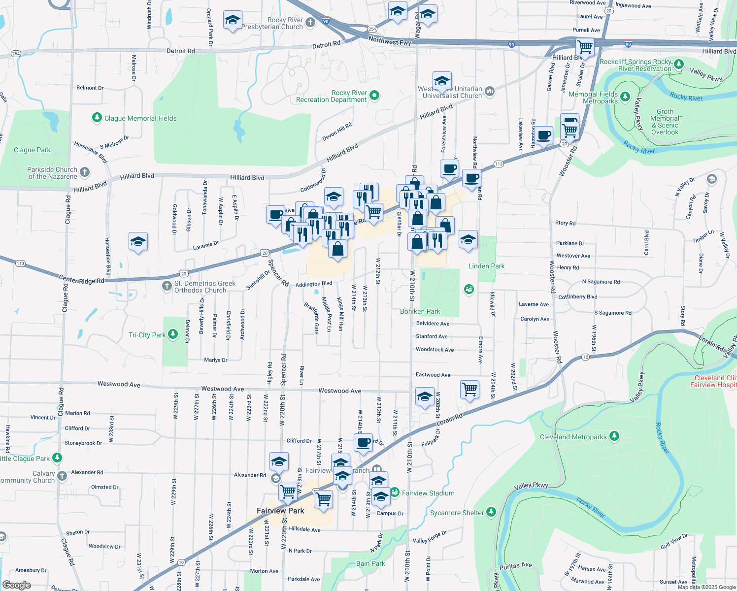 map of restaurants, bars, coffee shops, grocery stores, and more near 3835 W 213th St in Fairview Park
