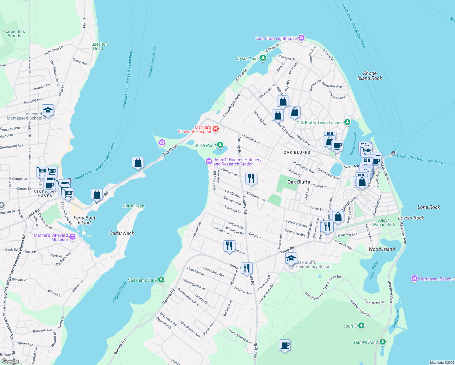 map of restaurants, bars, coffee shops, grocery stores, and more near 27 Vineyard Avenue Extension in Oak Bluffs