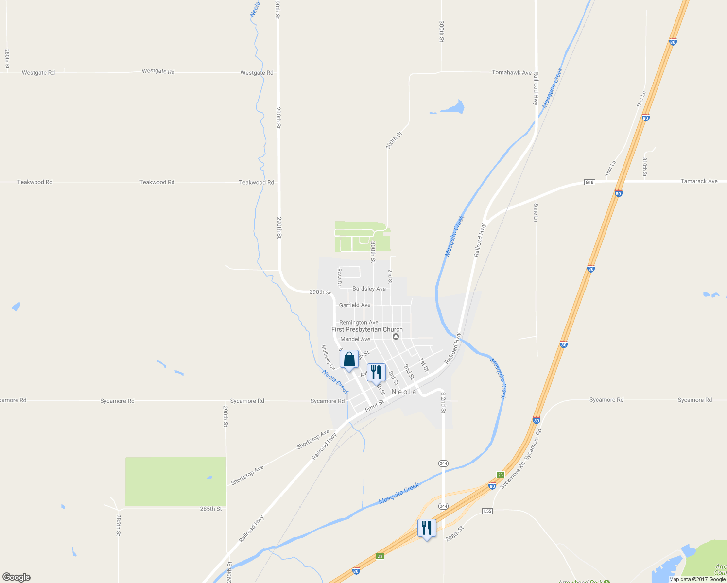 map of restaurants, bars, coffee shops, grocery stores, and more near 303 Bardsley Avenue in Neola