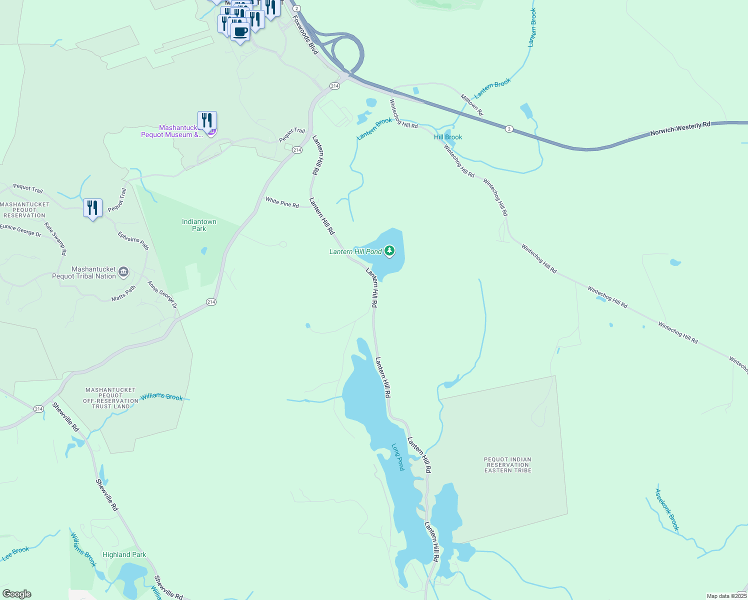 map of restaurants, bars, coffee shops, grocery stores, and more near Lantern Hill Road & Homestead Road in Ledyard