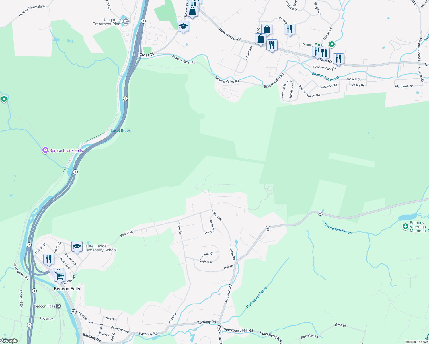map of restaurants, bars, coffee shops, grocery stores, and more near 105 Rice Lane Extension in Beacon Falls