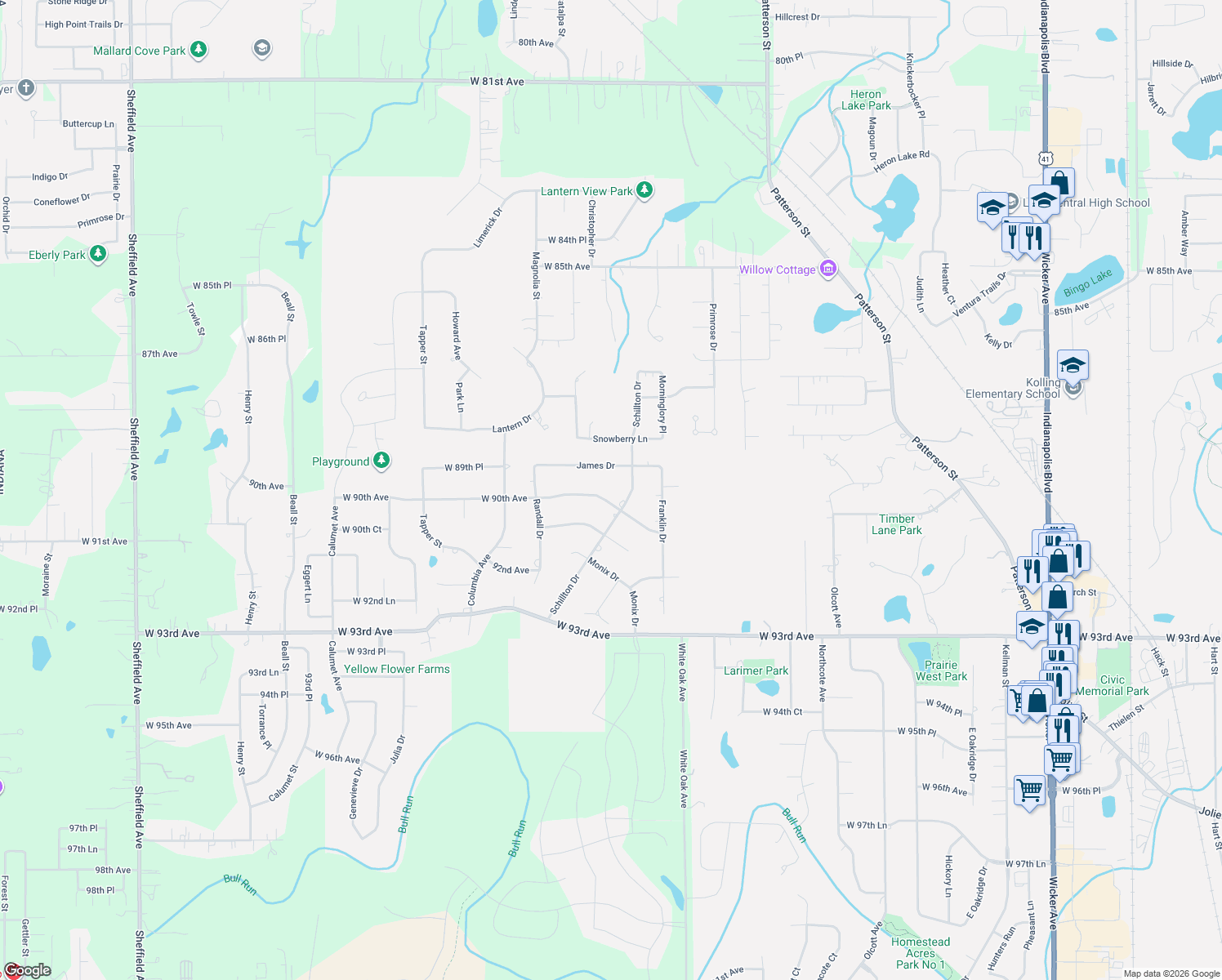 map of restaurants, bars, coffee shops, grocery stores, and more near 13100 W 90th Ave in St John