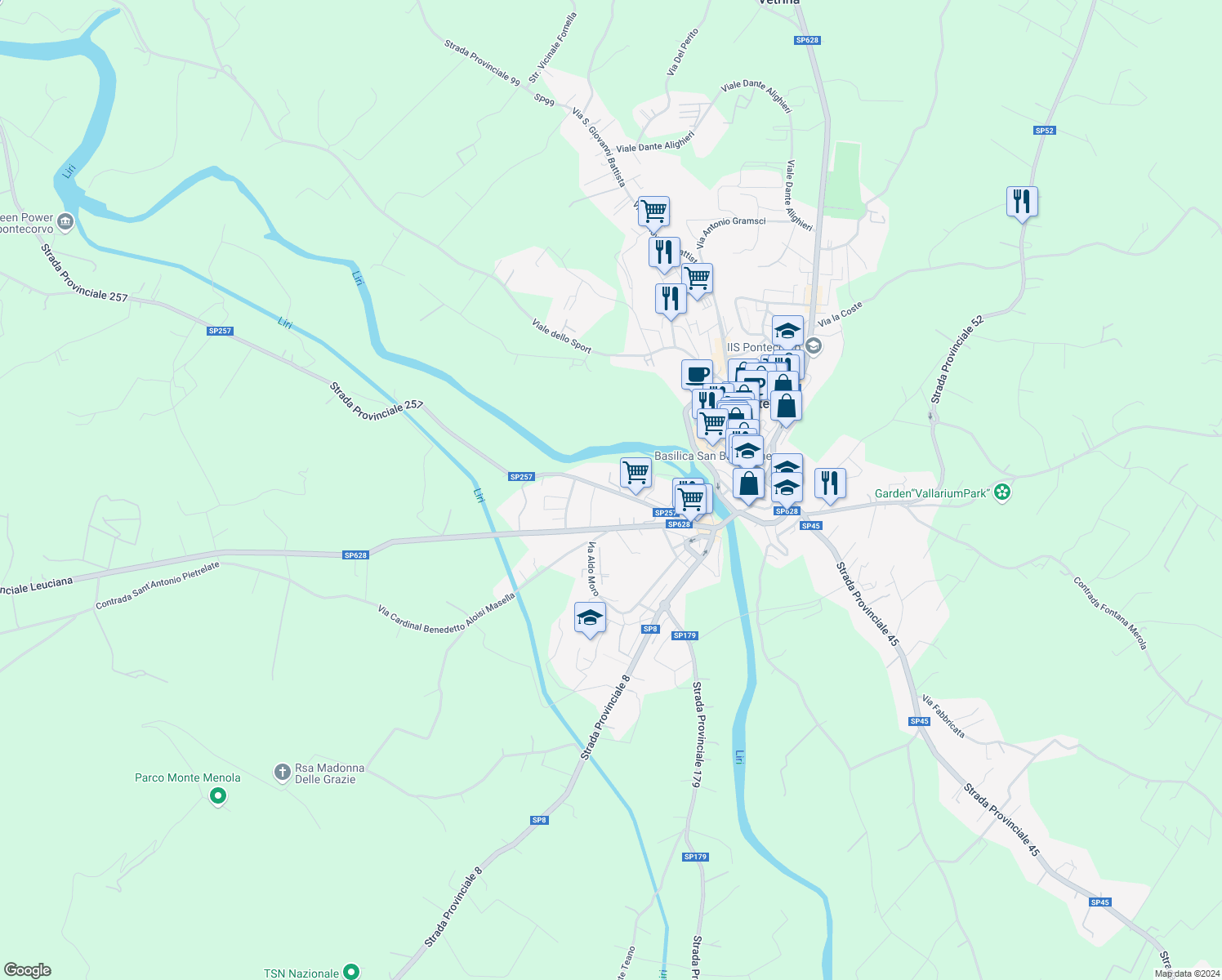 map of restaurants, bars, coffee shops, grocery stores, and more near 80 Via la Libera in Pontecorvo