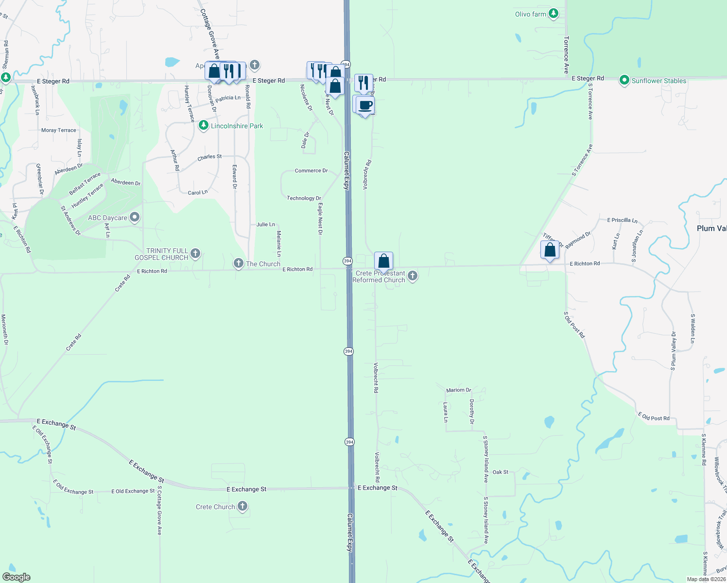 map of restaurants, bars, coffee shops, grocery stores, and more near 23956 Volbrecht Road in Crete