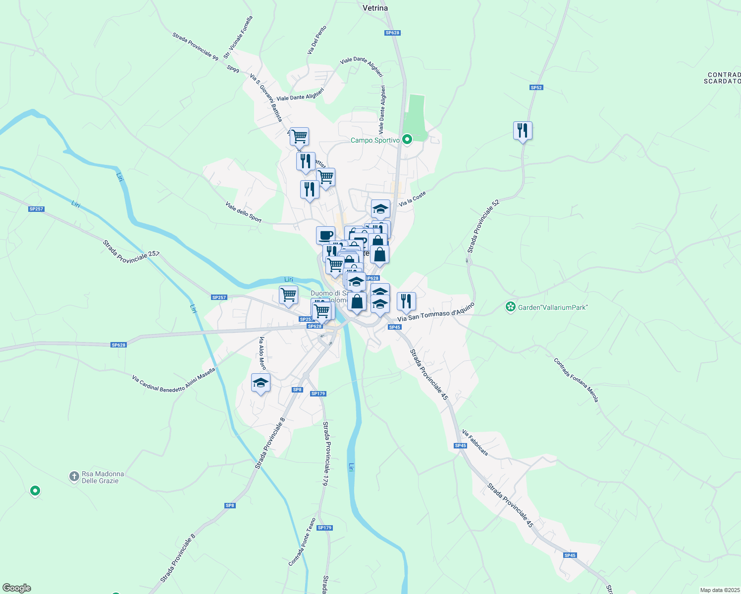 map of restaurants, bars, coffee shops, grocery stores, and more near 58 Strada Provinciale Leuciana in Pontecorvo