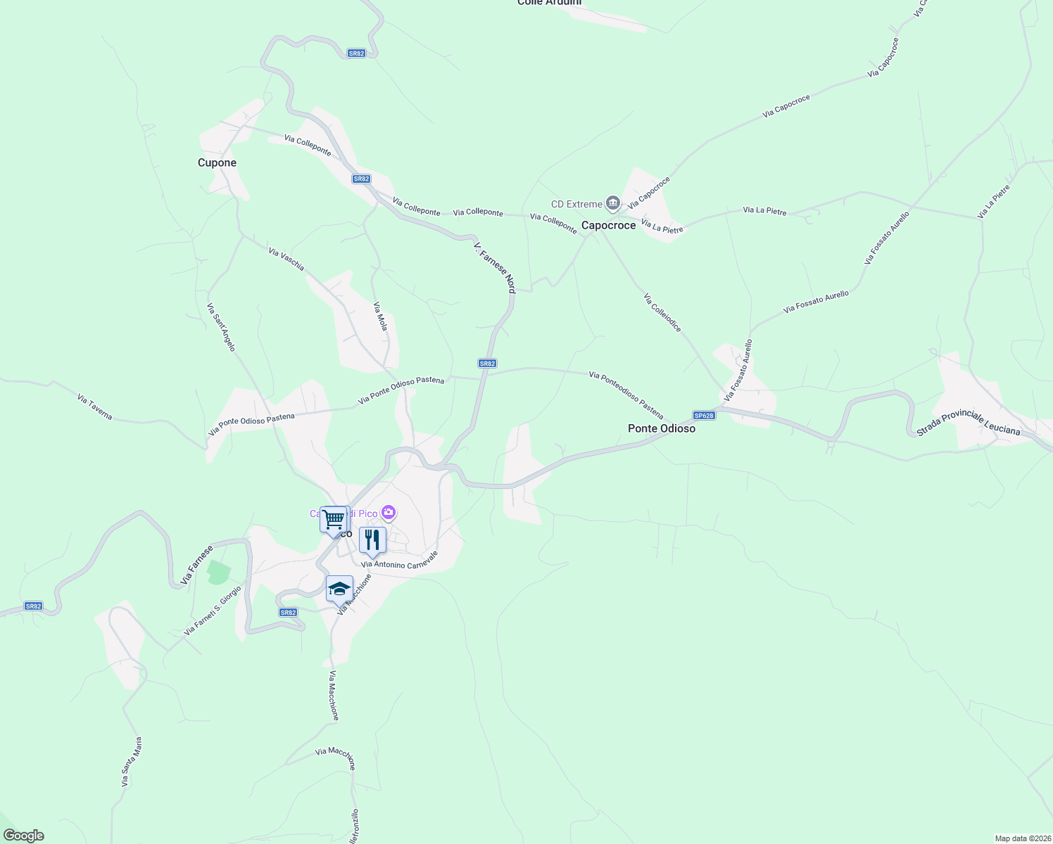 map of restaurants, bars, coffee shops, grocery stores, and more near 9 Via Cannuto in Provincia di Frosinone