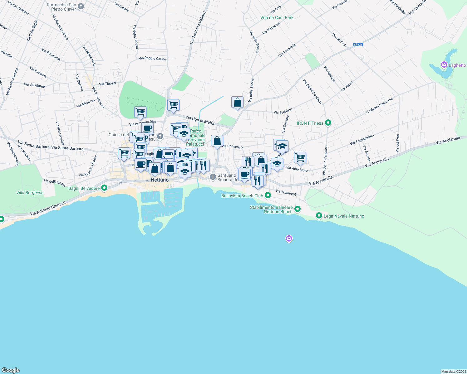 map of restaurants, bars, coffee shops, grocery stores, and more near 10 Via della Liberazione in Nettuno